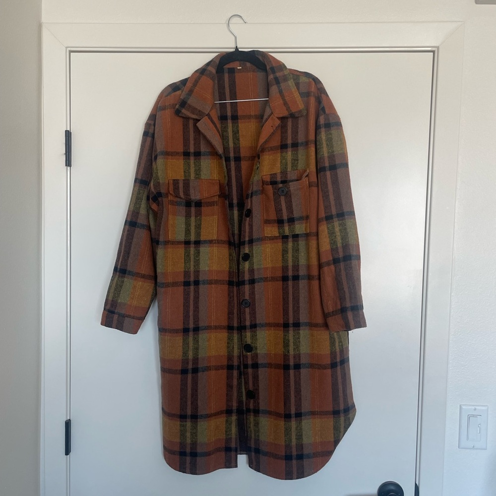 Plaid Longline Coat - Brown and Yellow